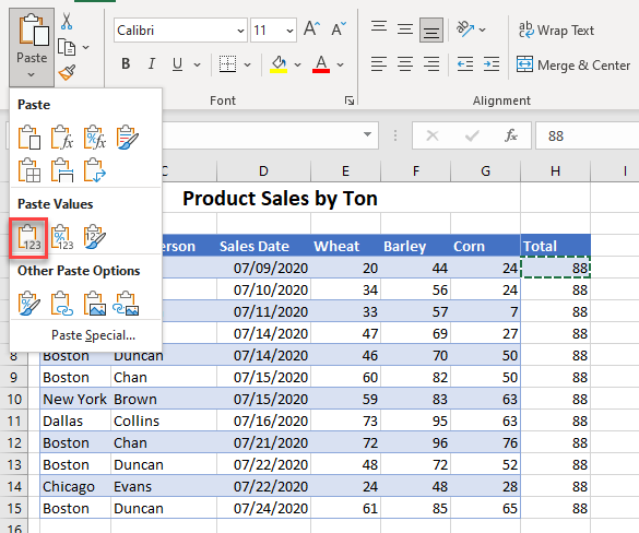 paste special excel values