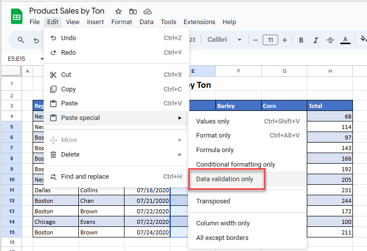 paste special gs data validation paste