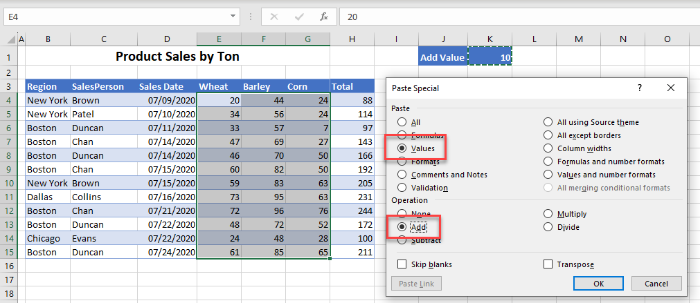 paste special values add