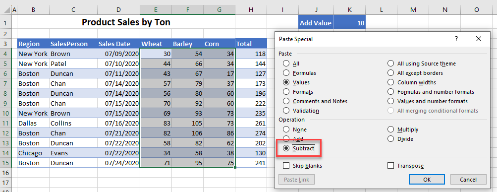 paste special values subtract