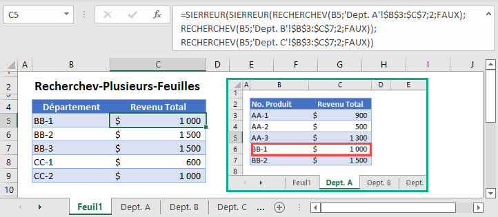 recherchev plusieurs feuilles fonction principale