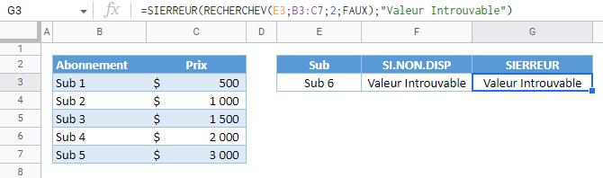 recherchev sierreur google sheets