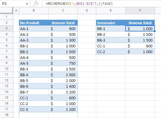 recherchev tableau contatene accolades google sheets