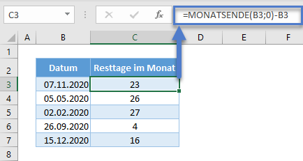 resttage monat monatsende funktion