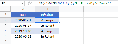 si date enretard atemps exemple google sheets