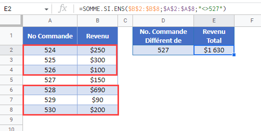 somme si non egal a google sheets