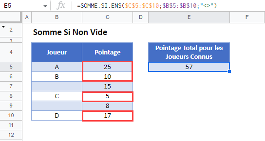 somme si non vide google sheets