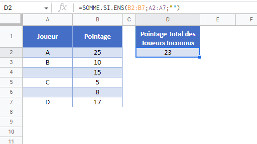 somme si vide google sheets