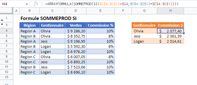 sommeprod si google sheets