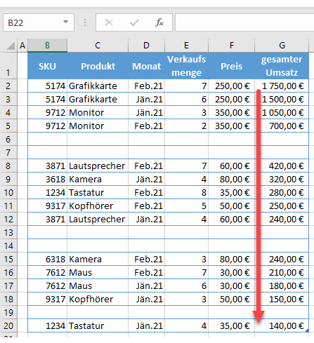 sortieren und ignorieren Leerzeilen Daten 1