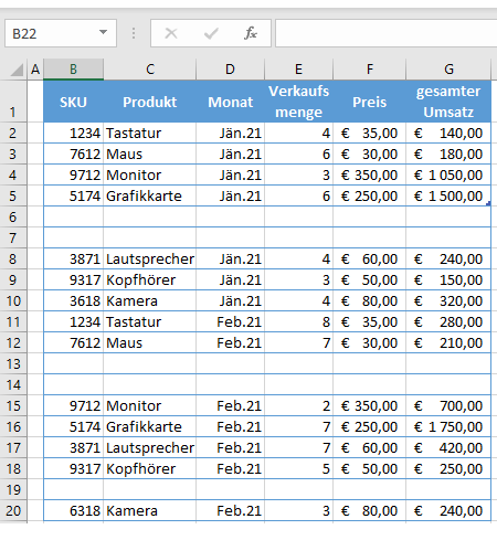 sortieren und ignorieren Leerzeilen Grunddaten 1