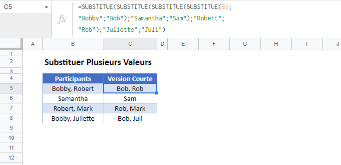 substituer plusieurs valeurs google sheets