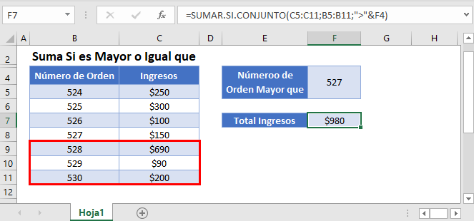 suma si mayor igual que