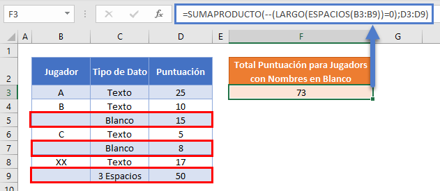 sumaproducto en blanco o con espacios