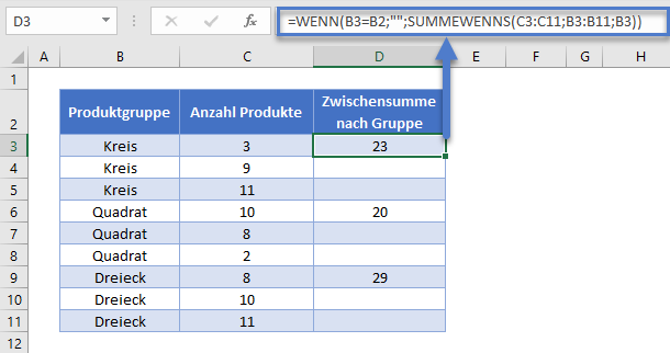 summe nach kategorie gruppe wenn summewenns funktion