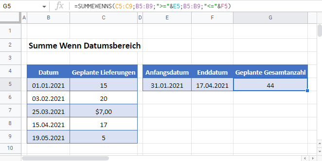 summe wenn datumsbereich google sheets