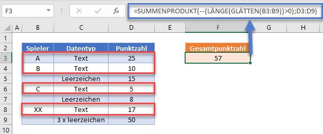 summe wenn nicht leer summenprodukt laenge glaetten funktion