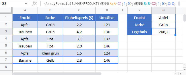 summenprodukt wenn google sheets