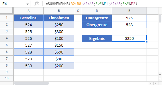 summewenns zwischen 2 werten google sheets