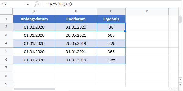 tage zwischen datumsangaben google sheets