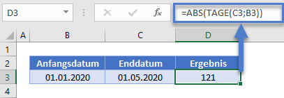 tage zwischen datumsangaben tage abs funktion