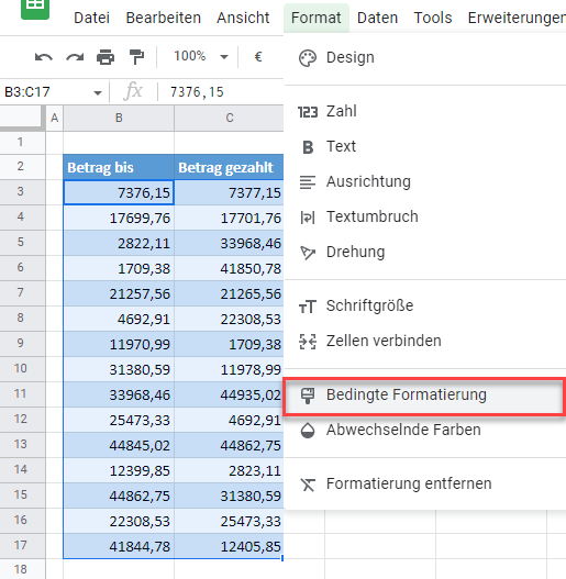 vergleichen google sheets bedingte Formatierung