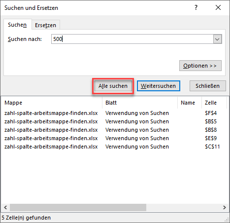 zahl in spalte arbeitsmappe finden alle suchen