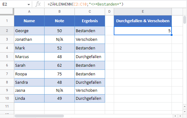 zählen zellen nicht gleich google sheets