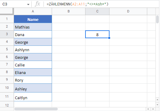 zellen text nicht enthalten zaehlen google sheets