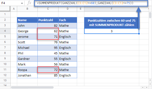 zellen zwischen zwei zahlen summenprodukt google sheets