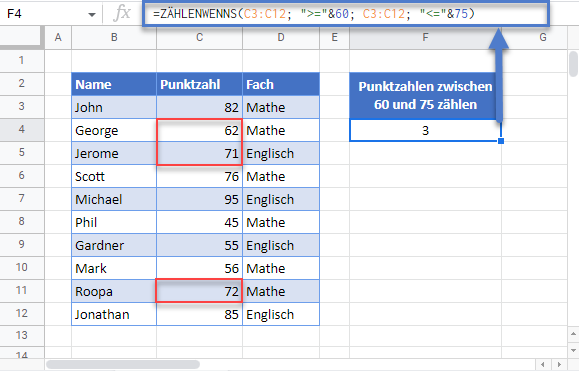 zellen zwischen zwei zahlen zaehlenwenns google sheets