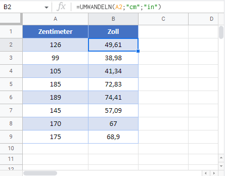 zentimeter zoll umrechnen google sheets