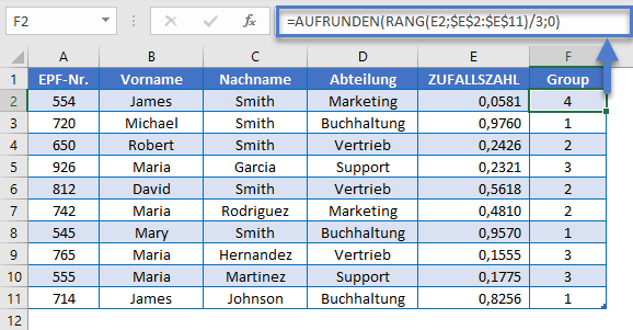 zufallsgruppen erstellen aufrunden funktion