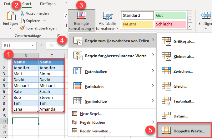 zwei Spalten vergleichen bedingte formatierung