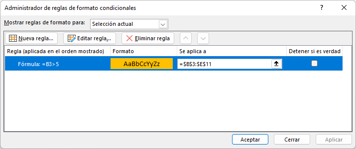 Administrador de Reglas Fórmula de Prueba para Resaltar una Celda en Excel