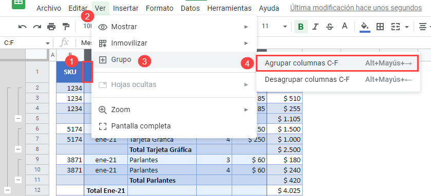 Agrupar Columnas en Google Sheets Paso1