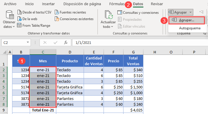 Agrupar Datos en Excel Paso1