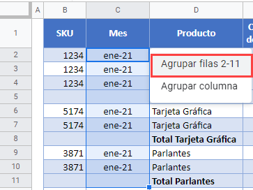 Agrupar Filas 2-11 en Google Sheets