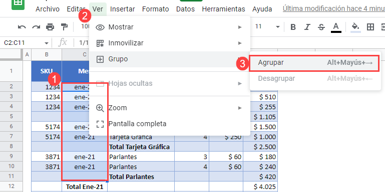 Agrupar en Google Sheets Paso1