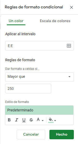 Aplicar Formato Condicional al Intérvalo Paso3 en Google Sheets