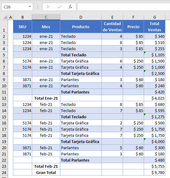 Autoesquema Eliminado en Excel