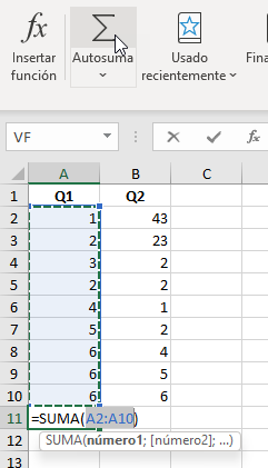 Autosuma en Excel