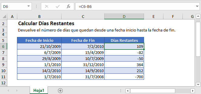 Calcular Días Restantes en Excel