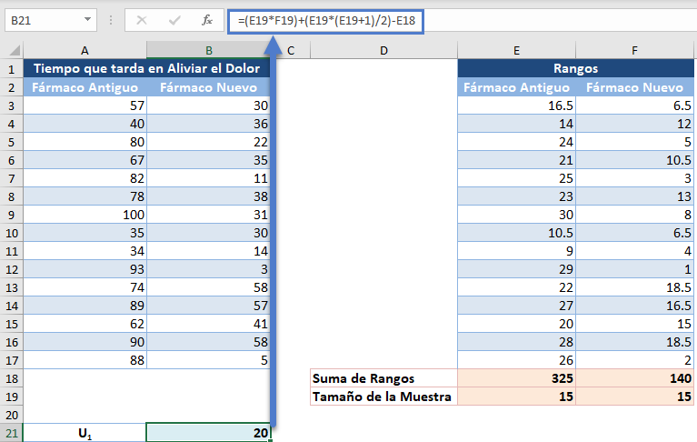 Calculo de U1 en Excel