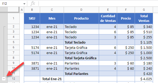 Click en Menos para Contraer en Google Sheets