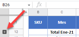 Click en Signo Mas para Expandir Grupo en Google Sheets