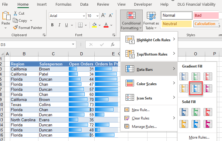 condformat values data bars fill