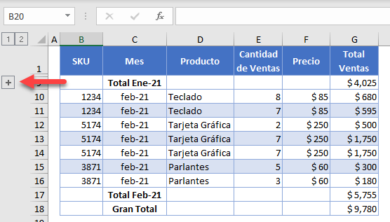 Conjunto de Datos Ene-21 Grupo Contraído en Excel