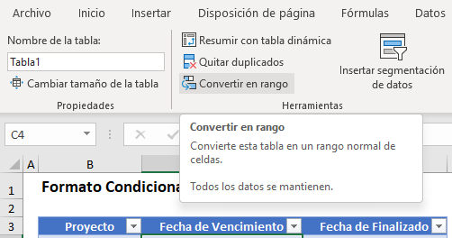 Convertir Tabla en Rango en Excel