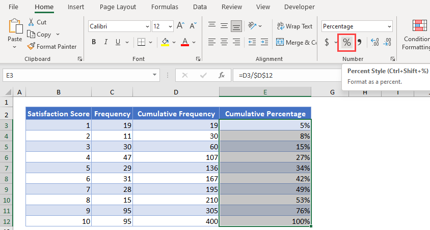 Cumulative Percentage Percent Style in Excel